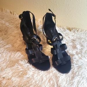 White House Black Market Black and Gold Bria Ankle Strap Heels